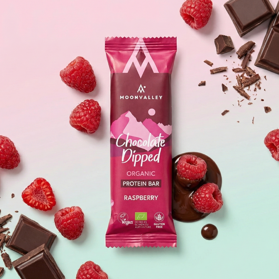  Moonvalley  Proteinbar Sjokolade & Bringebær 50g Økologisk 1003578 Fjellklar Sport 1